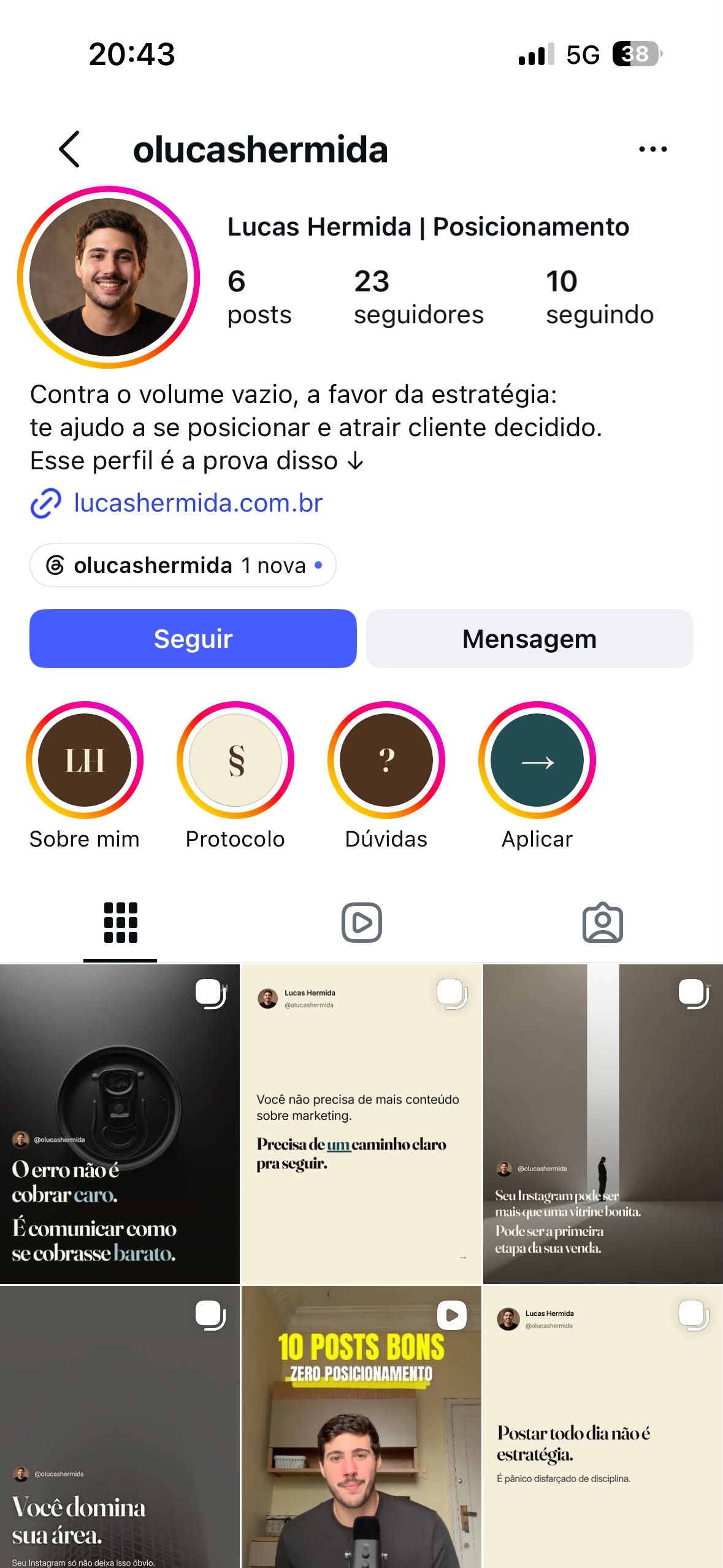 Perfil com bio e Destaques